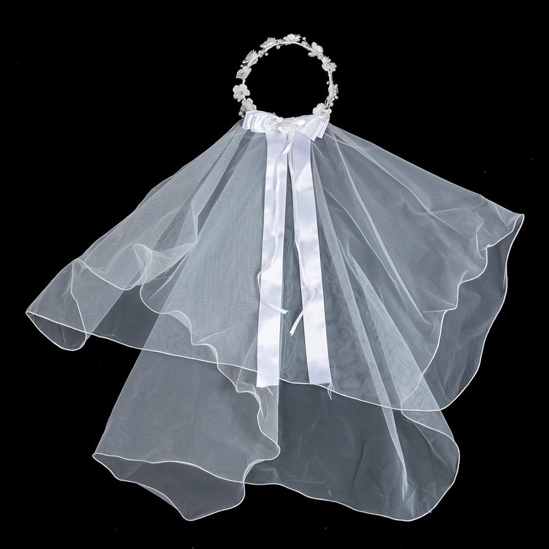 DDazzling Flower Crown Girls First Communion White Floral Wreath Lace Veil - Image 2